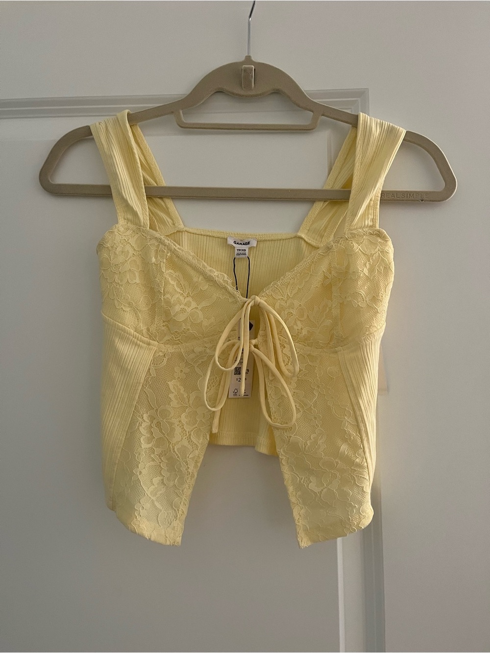 Garage Pale Yellow Lace Tie-Front Crop Top